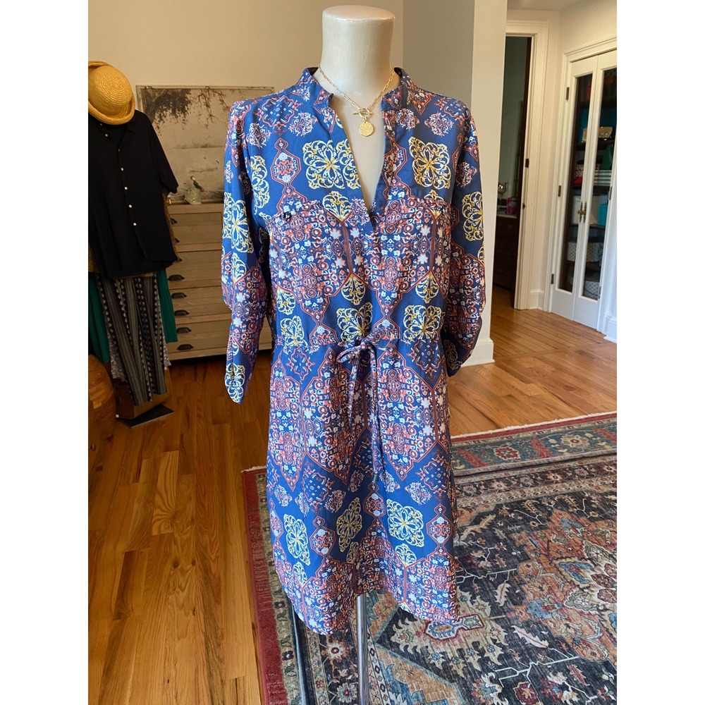 Indulge In Style Blue Medallion Print Roll Tab Sleeve Shirt Dress Womens‎ Medium